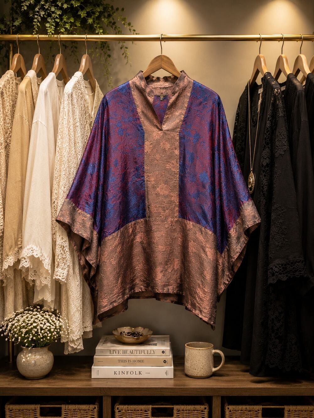 Vintage SIA Floral Jacquard Kimono Pullover Boho Art Wear One Size